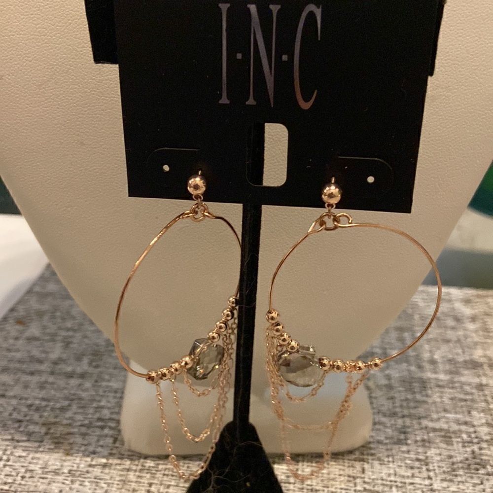 I.N.C Earrings Zinc alloy Loop with chains and rhinestone gold light gray